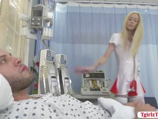 Blonde shemale Nurse Jenna Gargles slurps and fucks patients member